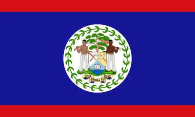 Blue flag with red bars on top and bottom and a white circle in the middle with a colored design